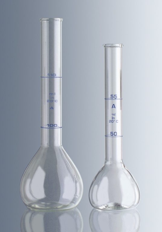 Fioles jaugées, Classe A avec 2 traits, Repères : 200 + 220 ml, Tolérance : ± 0,15 ml