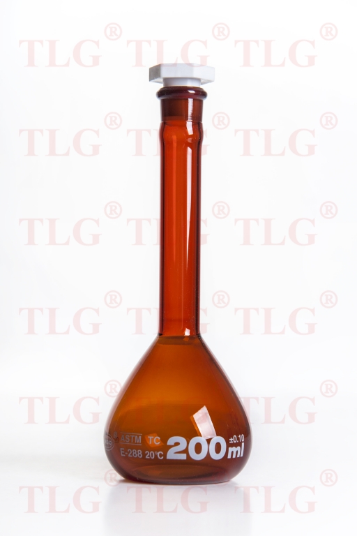 Volumetric Flask, Low Actinic Amber, 50mL, Wide Mouth, PE Stopper#13, Class A, As Per USP Standards