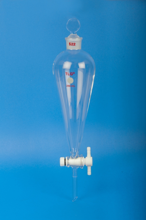 Funnel, Separatory, PTFE Stopcock 4mm, Capacity 250mL, Stopper Joints No. 22, Stopper P.P