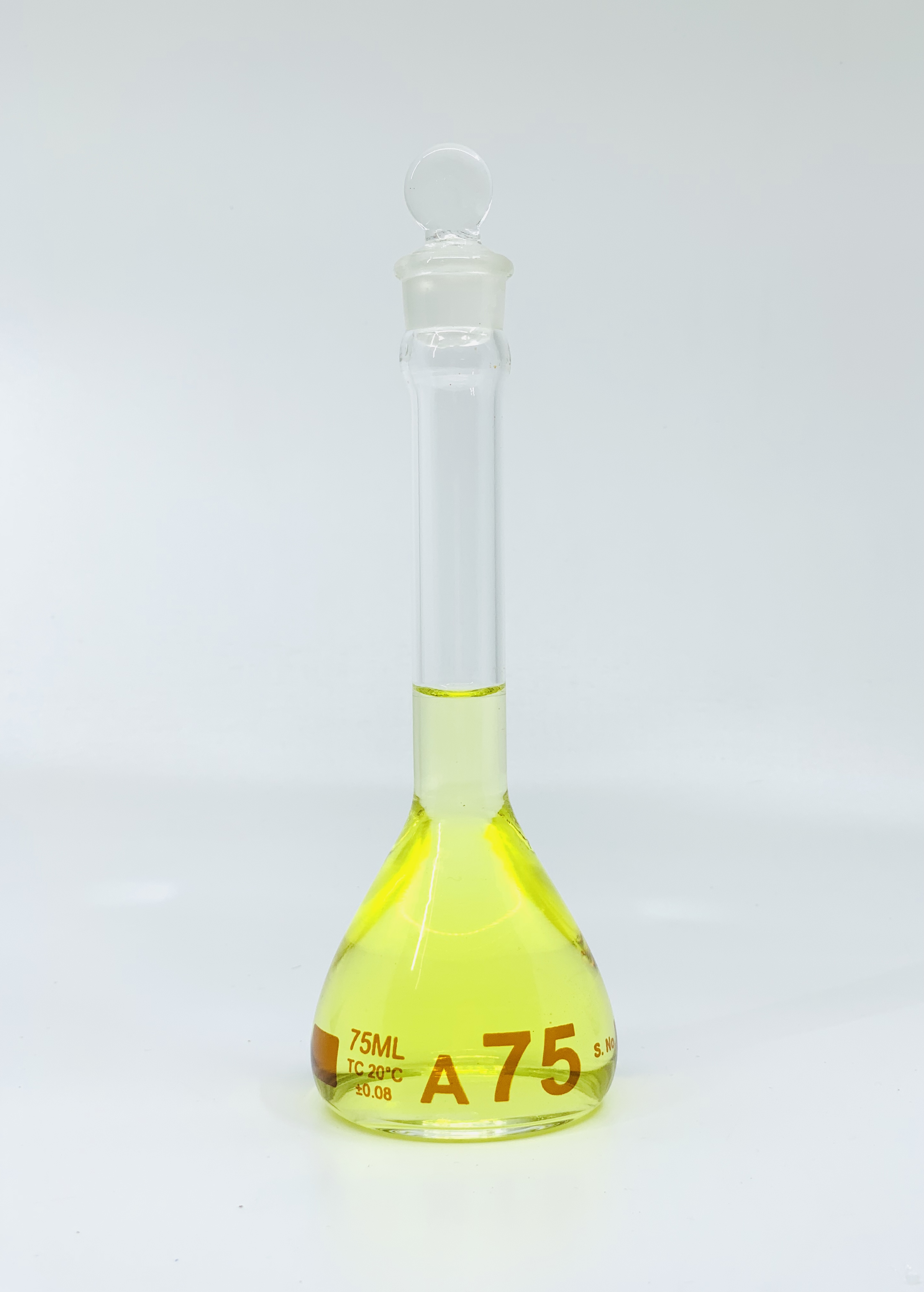 Volumetric Flask, 75mL, Serialized and Certified, Heavy Duty, Wide Mouth, Clear, Glass Stopper# 16, Class A, As Per USP Standards