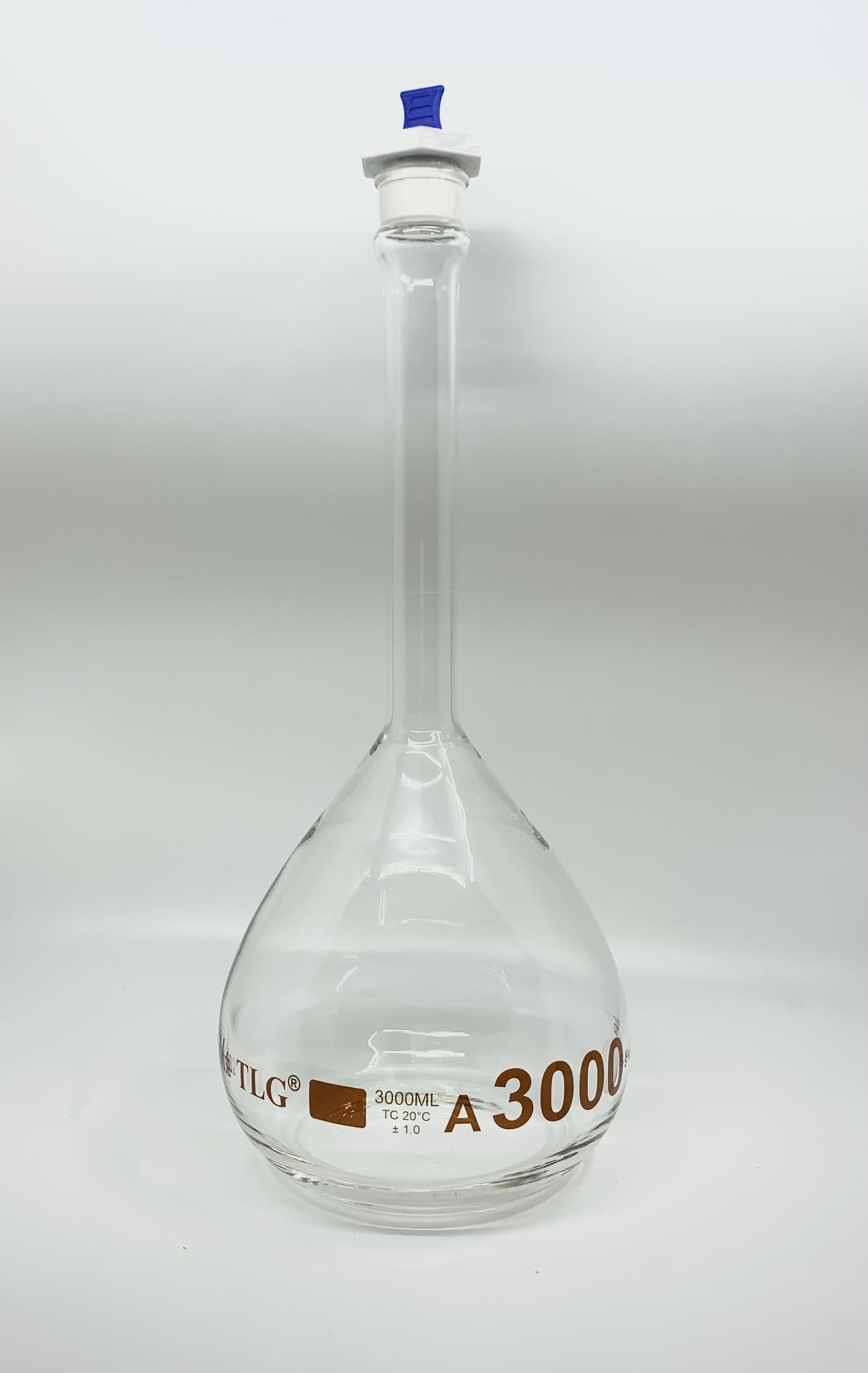 Volumetric Flask, 3000mL, Heavy Duty, Wide Mouth, Clear, PTFE Stopper# 32, Class A, As Per USP Standards