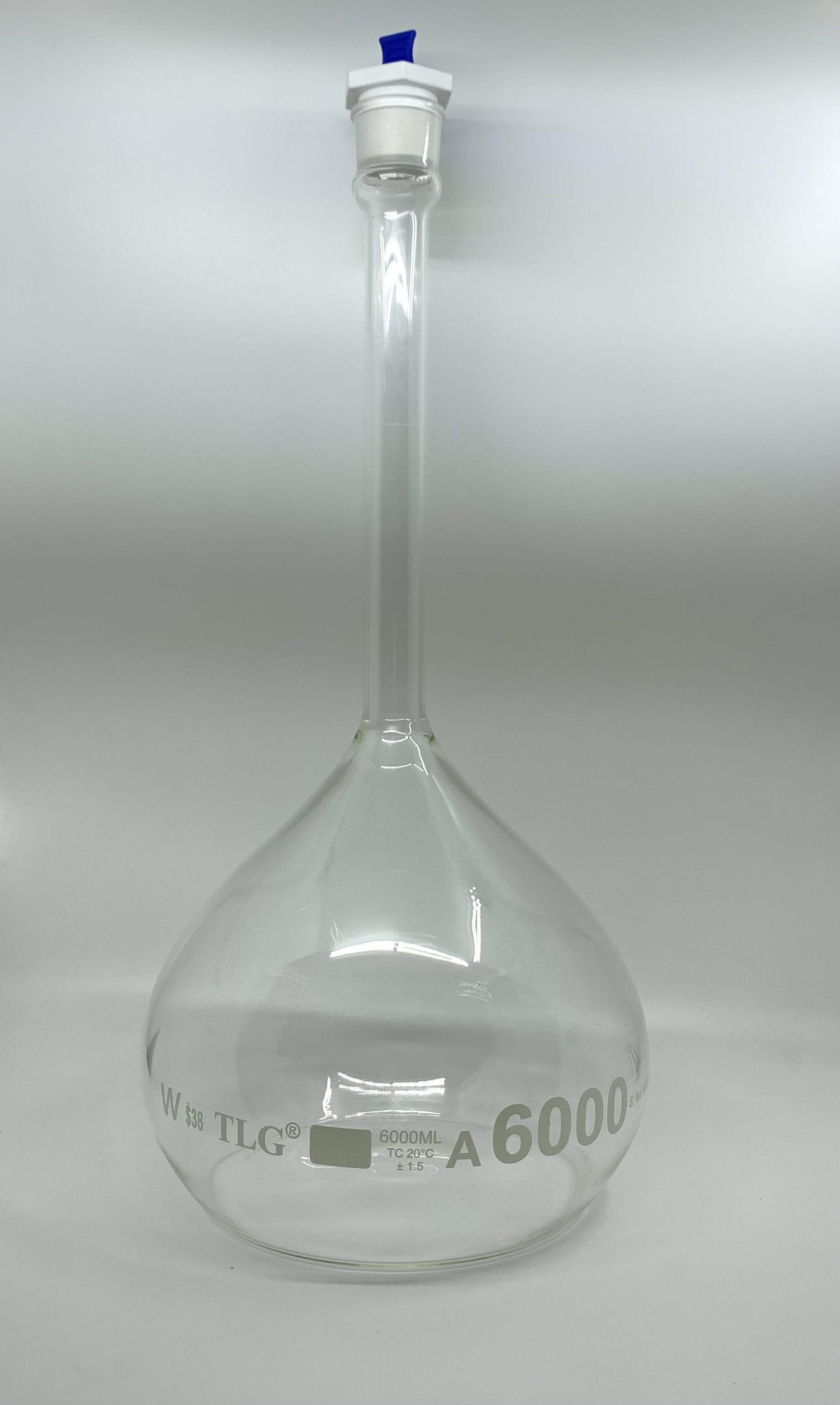 Volumetric Flask With One Graduation Mark Class A, Wide Mouth, Clear, Capacity 6000mL,Teflon? Stopper size # 38, As Per USP Standards