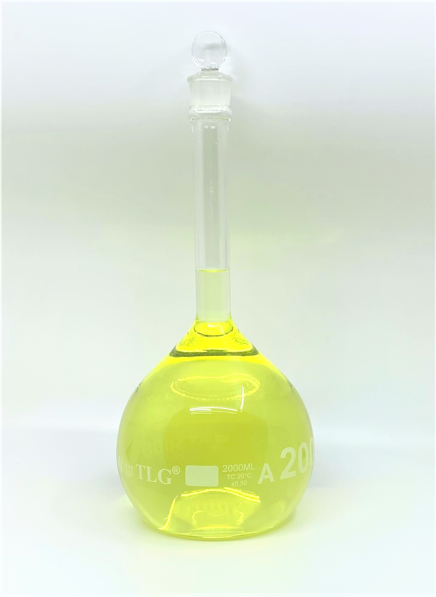 Volumetric Flask, 2000mL, Heavy Duty, Wide Mouth, Clear, Glass Stopper# 27, Class A, As Per USP Standards