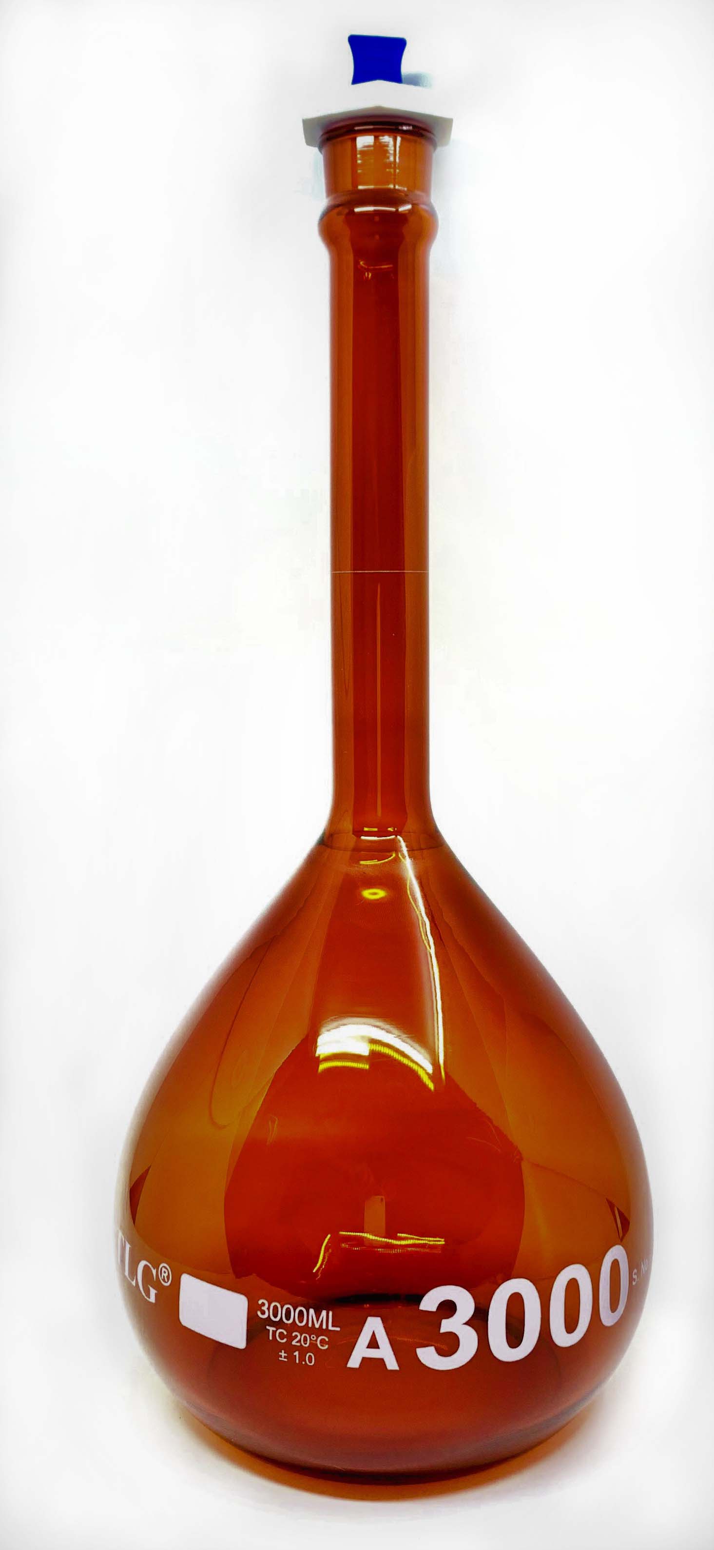 Volumetric Flask, Low Actinic Amber, 3000mL, Wide Mouth, PE Stopper#32, Class A, As Per USP Standards