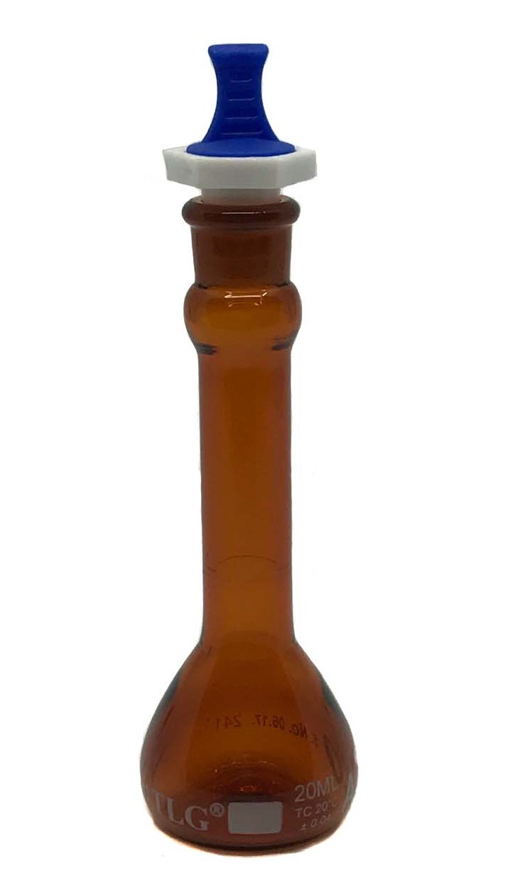 Fiole jaugée, ambre faiblement actinique, 20 ml, col large, bouchon PE n° 13, classe A, Selon les normes USP