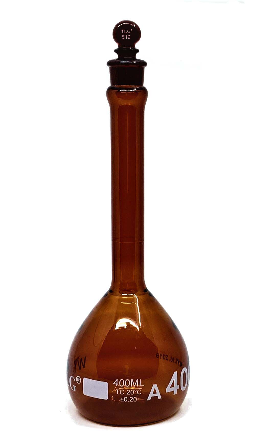 Serialized and Certified Volumetric Flask, Low Actinic Amber, 400mL, Wide Mouth, Glass Stopper#19, Class A, As Per USP Standards