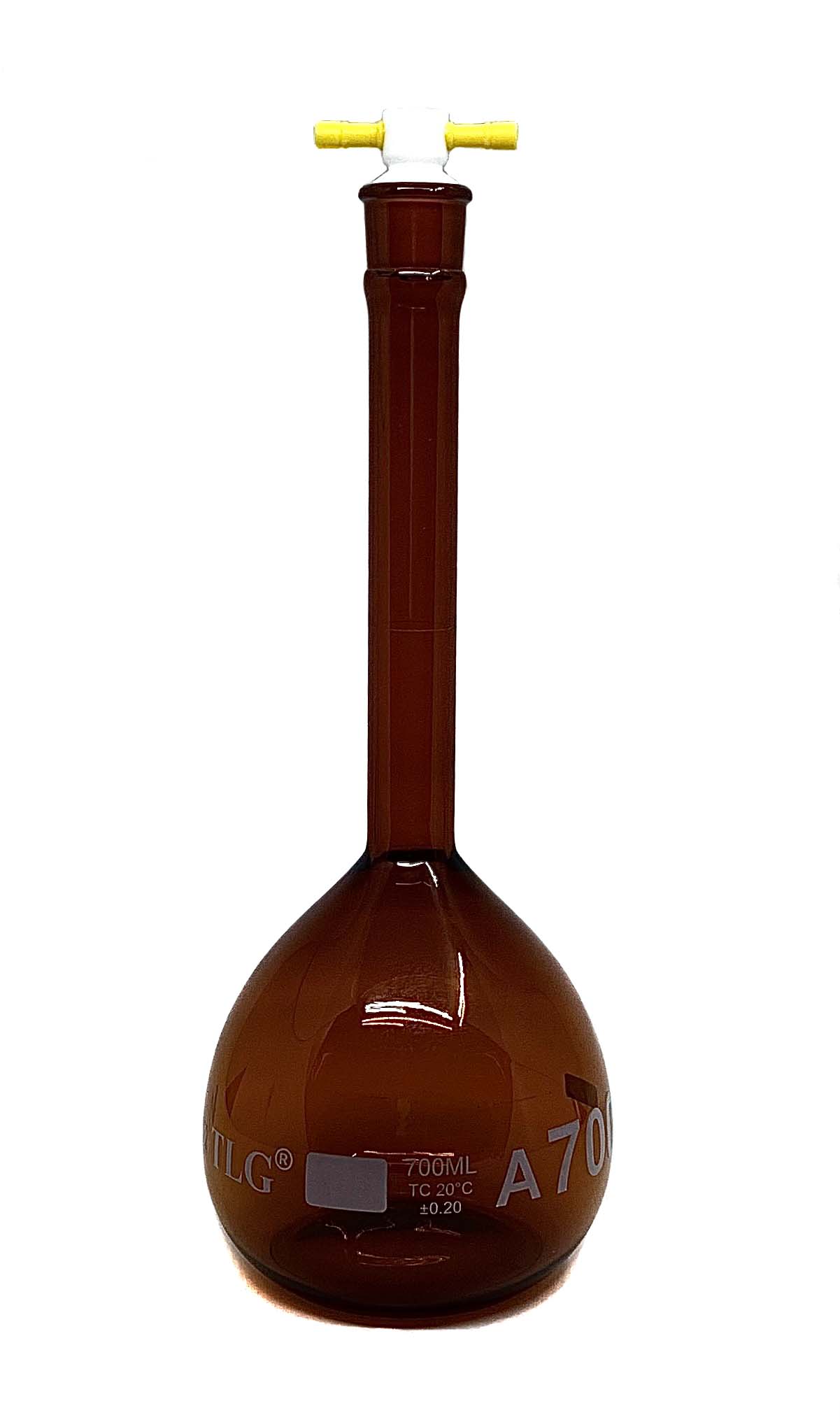 Serialized and Certified Volumetric Flask, Low Actinic Amber, 700mL, Wide Mouth, PTFE Stopper#22, Class A, As Per USP Standards