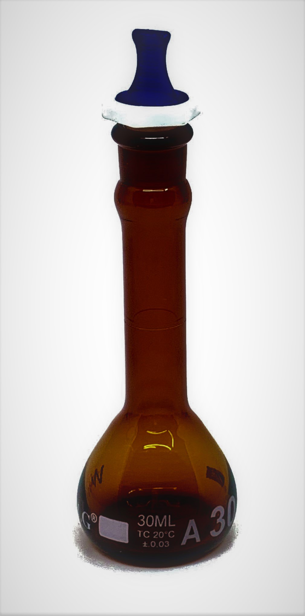 Volumetric Flask, Low Actinic Amber, 30mL, Wide Mouth, PE Stopper#13, Class A, As Per USP Standards