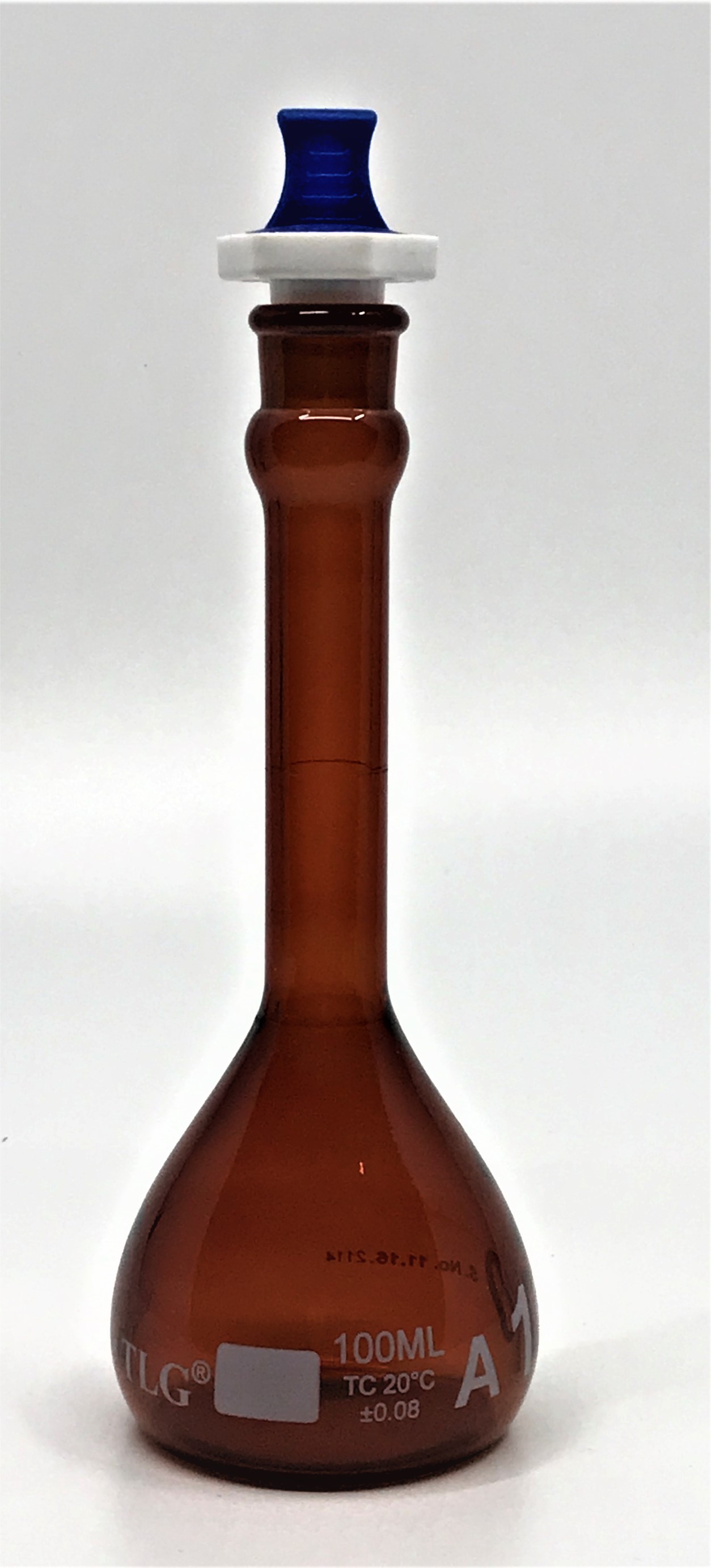 Volumetric Flask, Low Actinic Amber, 75mL, Wide Mouth, PE Stopper#16, Class A, As Per USP Standards