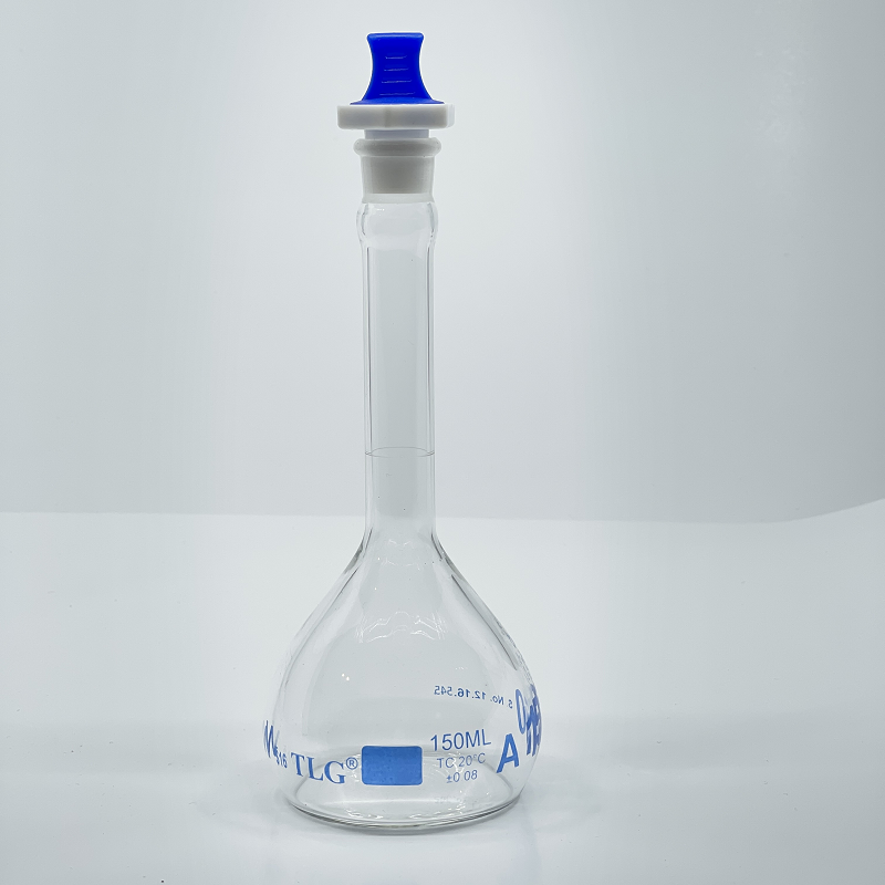 Volumetric Flask, 150mL, Serialized and Certified, Heavy Duty, Wide Mouth, Clear, PE Stopper# 16, Class A, As Per USP Standards