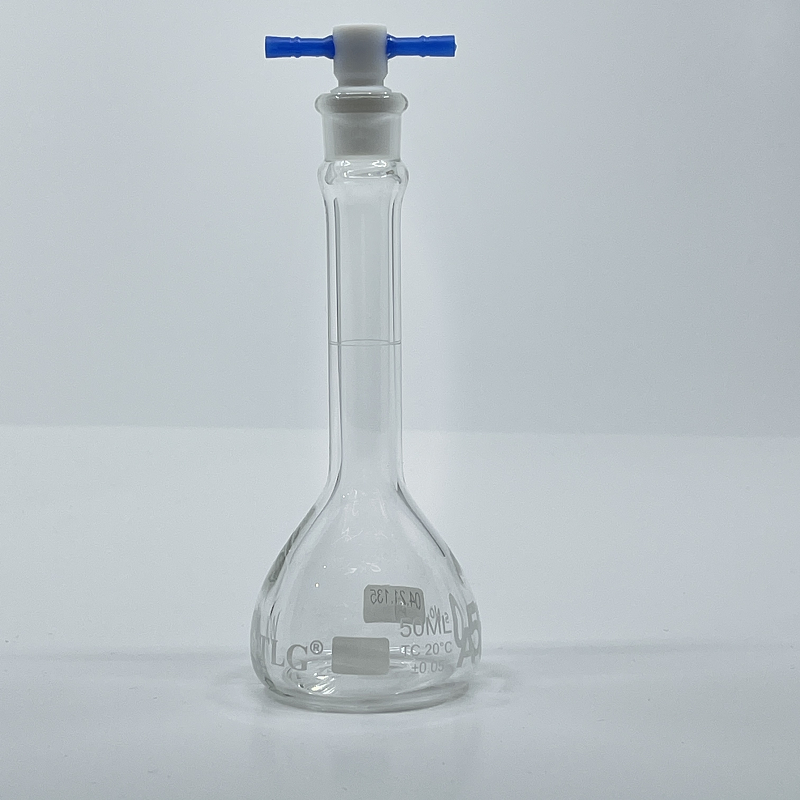 Volumetric Flask, 50mL, Heavy Duty, Wide Mouth, Clear, PTFE Stopper# 13, Class A, As Per USP Standards