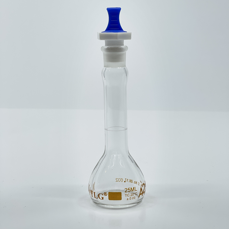 Volumetric Flask, 25mL, Serialized and Certified, Heavy Duty, Wide Mouth, Clear, PE Stopper# 13, Class A, As Per USP Standards