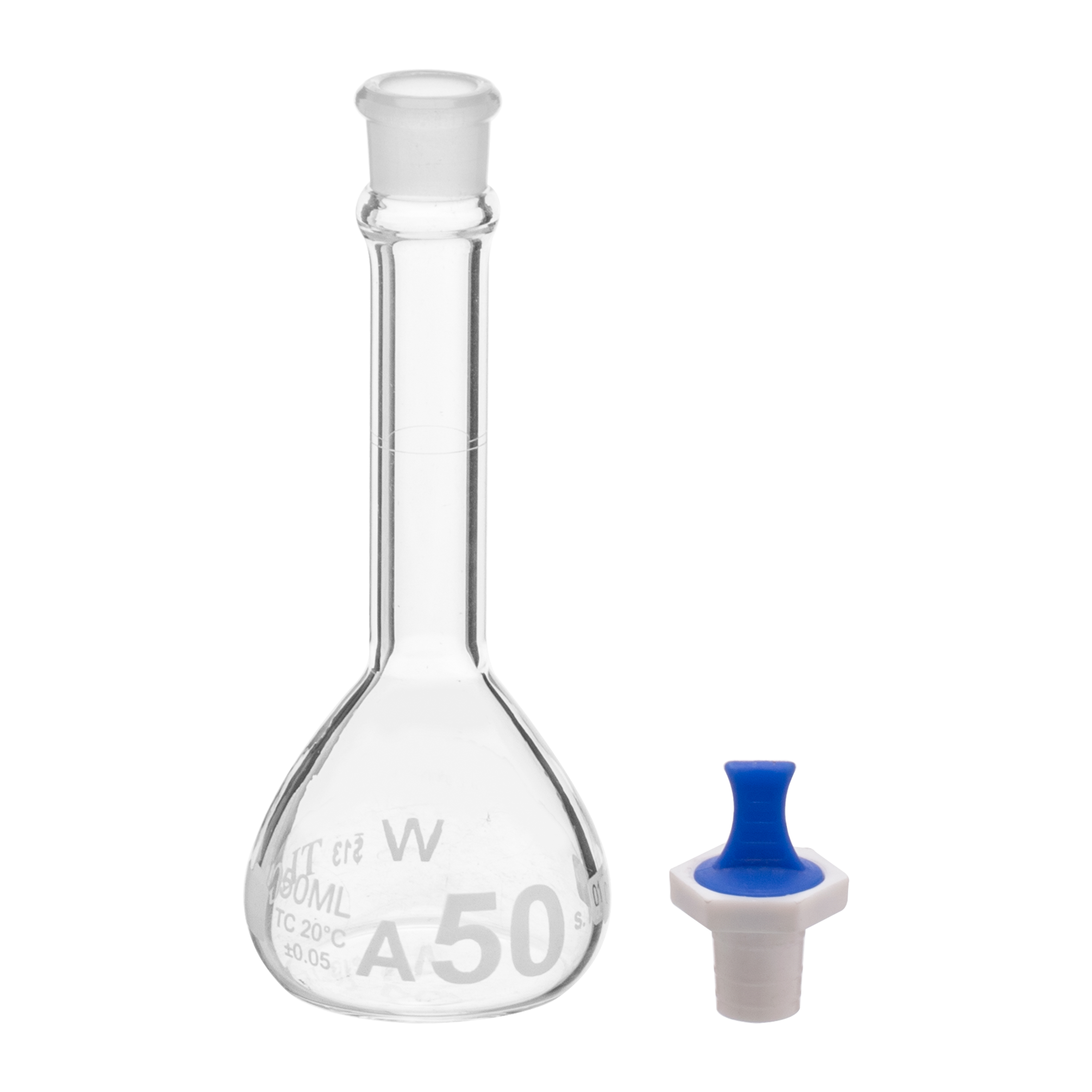 Volumetric Flask, 50mL, Serialized and Certified, Heavy Duty, Wide Mouth, Clear, PE Stopper# 13, Class A, As Per USP Standards