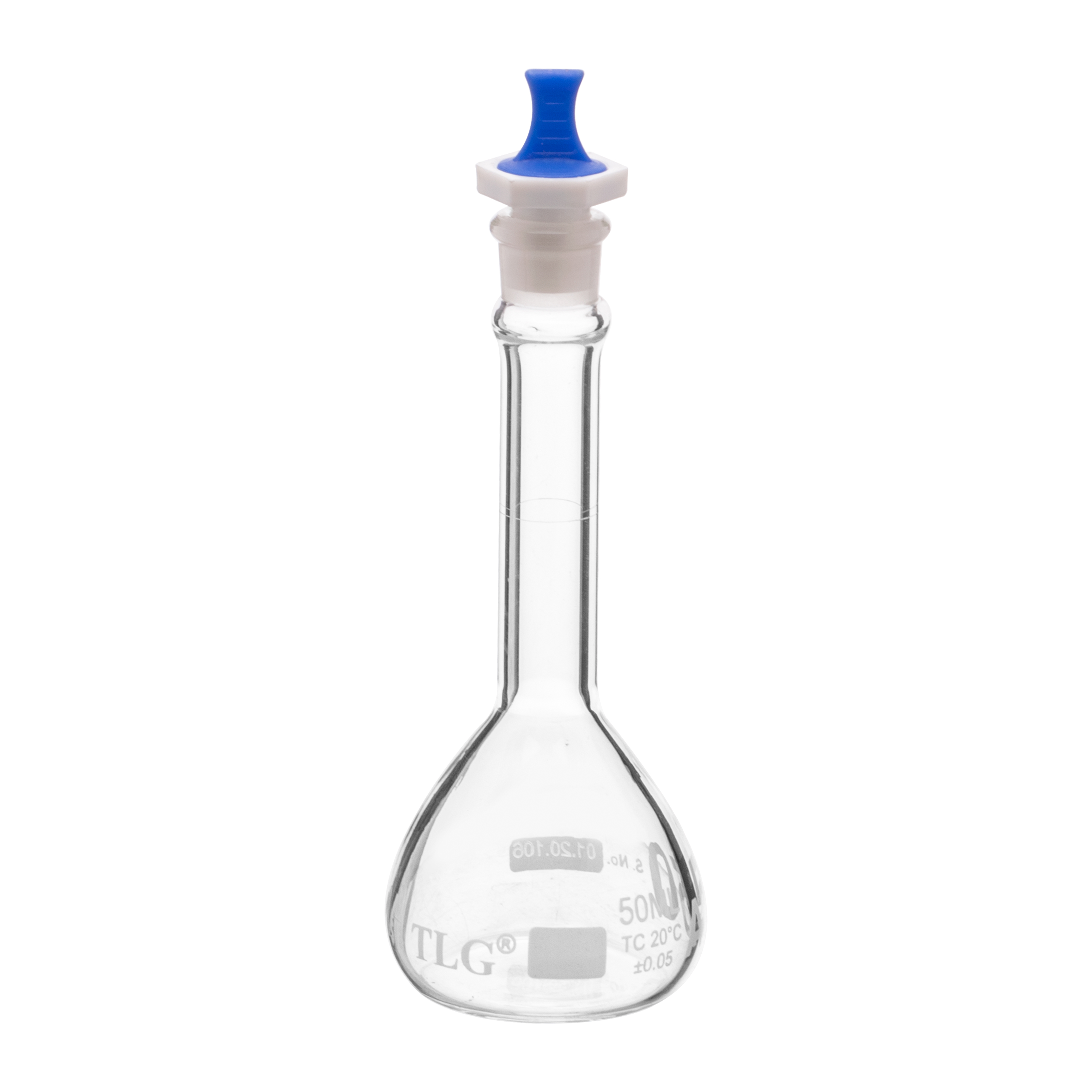 Volumetric Flask, 50mL, Serialized and Certified, Heavy Duty, Wide Mouth, Clear, PE Stopper# 13, Class A, As Per USP Standards