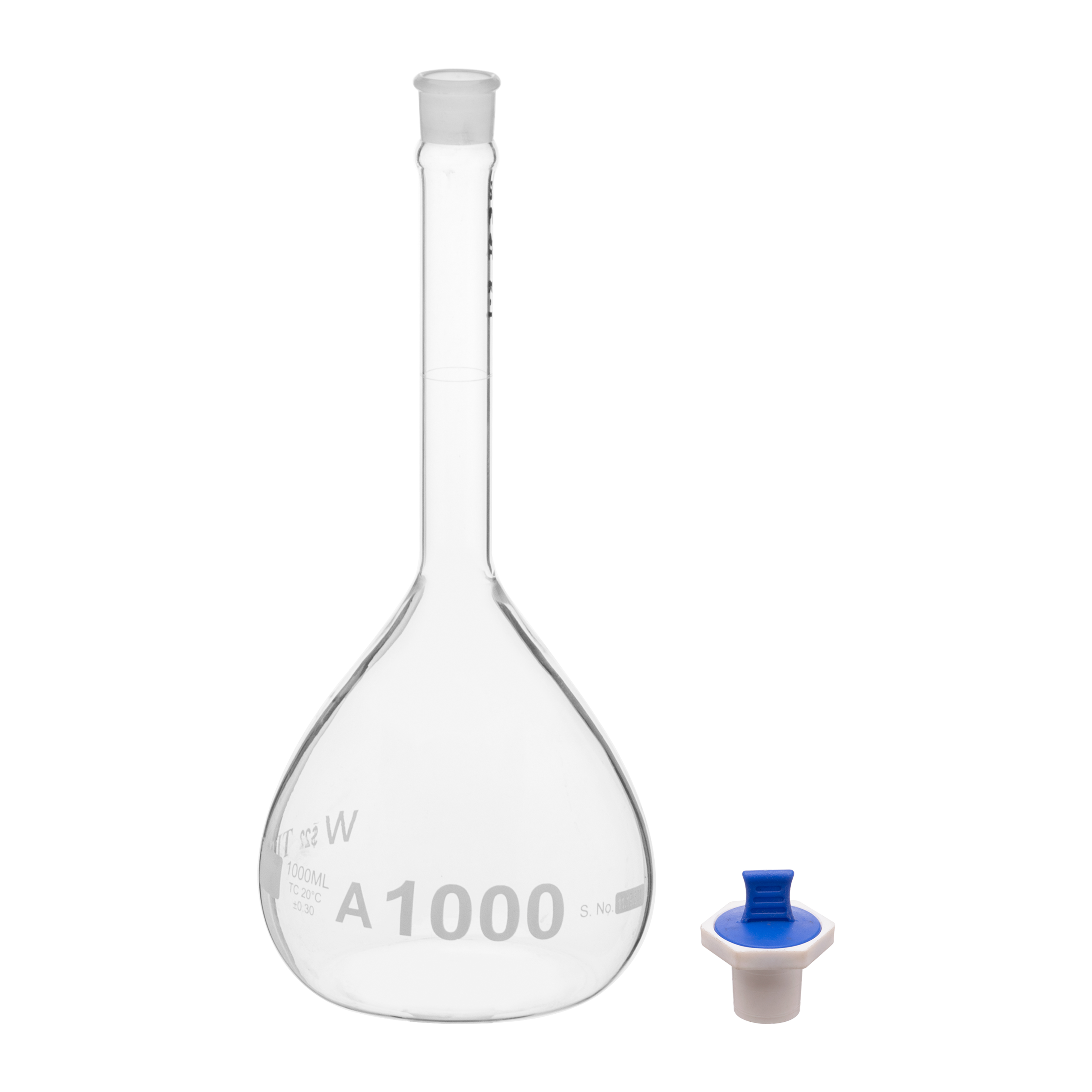 Volumetric Flask, 1000mL, Serialized and Certified, Heavy Duty, Wide Mouth, Clear, PE Stopper# 22, Class A, As Per USP Standards