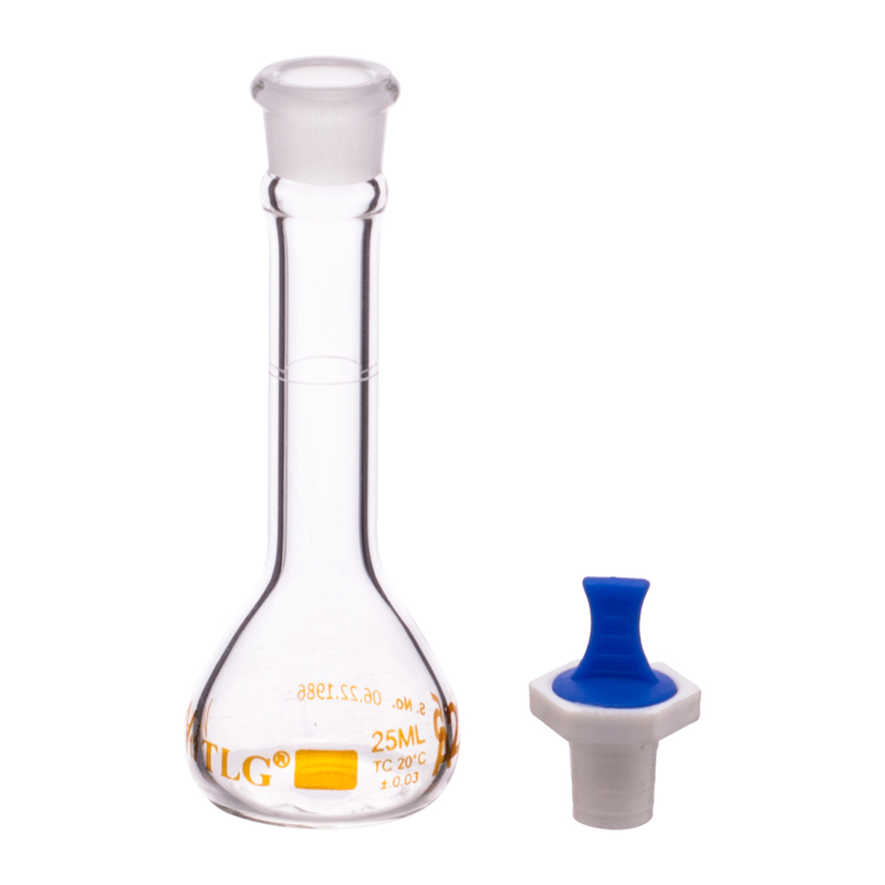 Volumetric Flask,25mL, Heavy Duty, Clear, Wide Mouth, PE Stopper# 13, Class A, As Per USP Standards