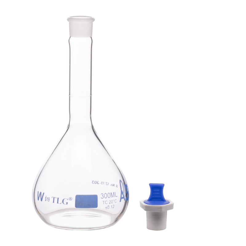 Volumetric Flask, 300mL, Heavy Duty, Wide Mouth, Clear, Glass Stopper# 19, Class A, As Per USP Standards