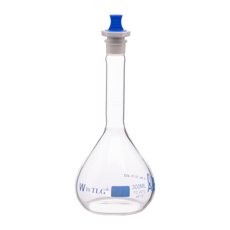 Volumetric Flask, 300mL, Heavy Duty, Wide Mouth, Clear, Glass Stopper# 19, Class A, As Per USP Standards