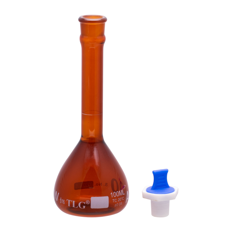 Volumetric Flask, Serialized and Certified With One Graduation Mark Class A, Wide Mouth, Amber, Capacity 100mL, PP Stopper size # 16, As Per USP Standards