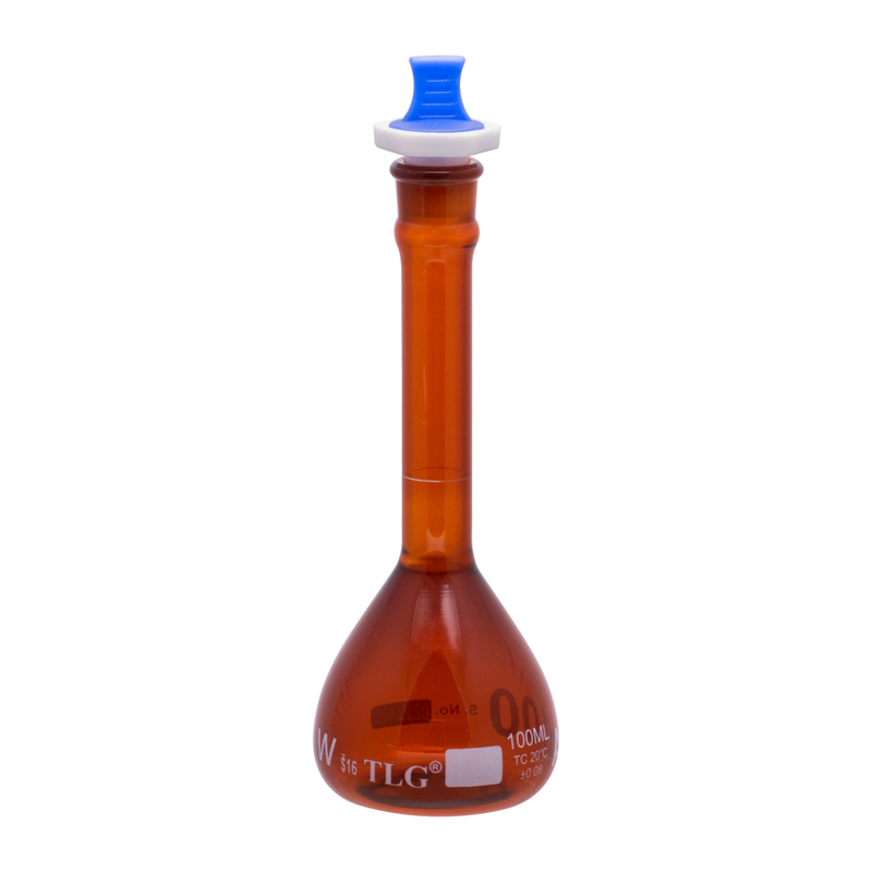 Volumetric Flask, Serialized and Certified With One Graduation Mark Class A, Wide Mouth, Amber, Capacity 100mL, PP Stopper size # 16, As Per USP Standards