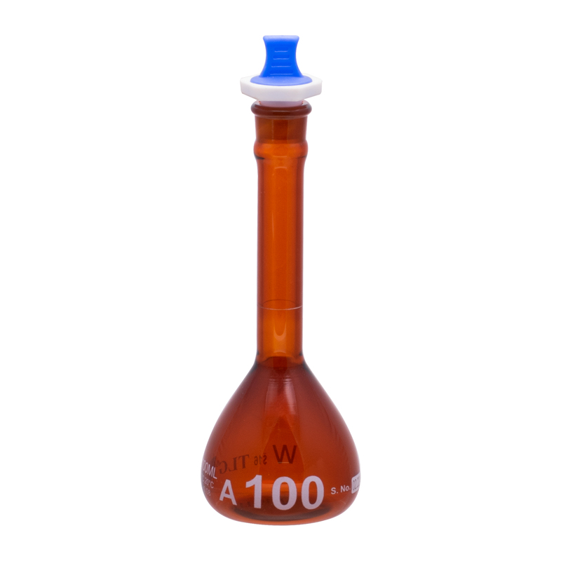 Volumetric Flask, Serialized and Certified With One Graduation Mark Class A, Wide Mouth, Amber, Capacity 100mL, PP Stopper size # 16, As Per USP Standards