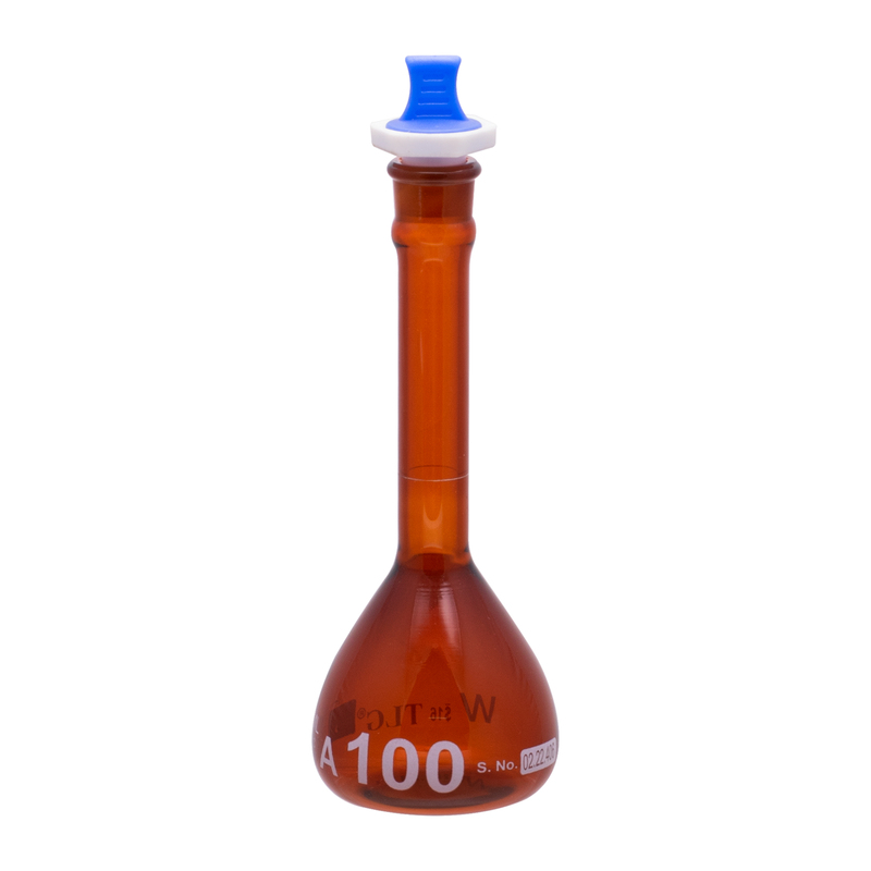 Volumetric Flask, Serialized and Certified With One Graduation Mark Class A, Wide Mouth, Amber, Capacity 100mL, PP Stopper size # 16, As Per USP Standards