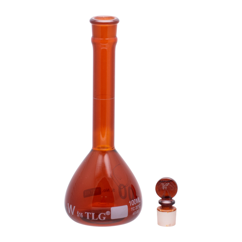 Volumetric Flask, Low Actinic Amber, 100mL, Wide Mouth, Glass Stopper#16, Class A, As Per USP Standards