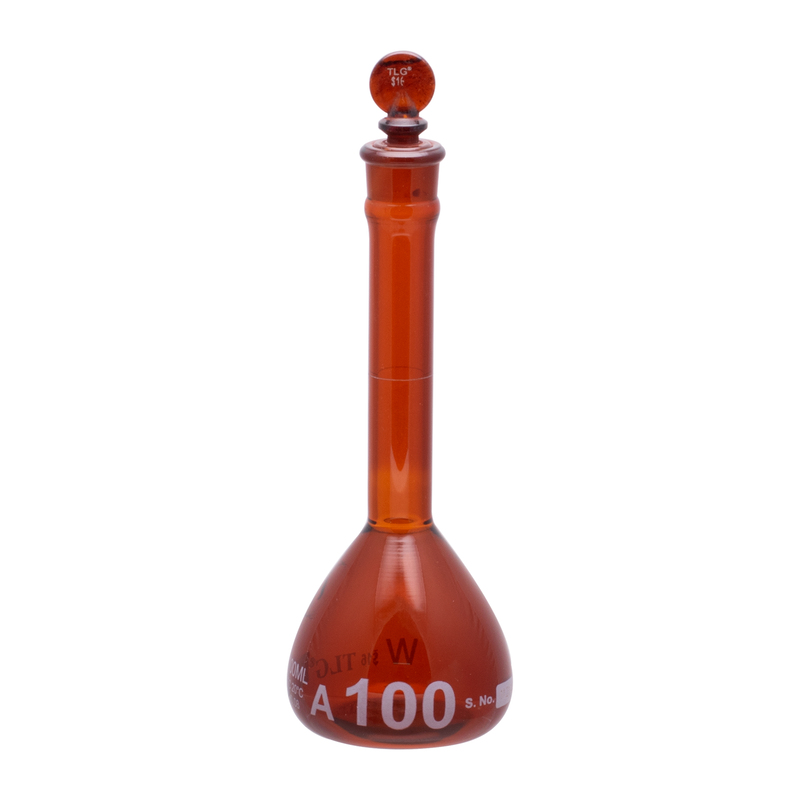 Volumetric Flask, Low Actinic Amber, 100mL, Wide Mouth, Glass Stopper#16, Class A, As Per USP Standards