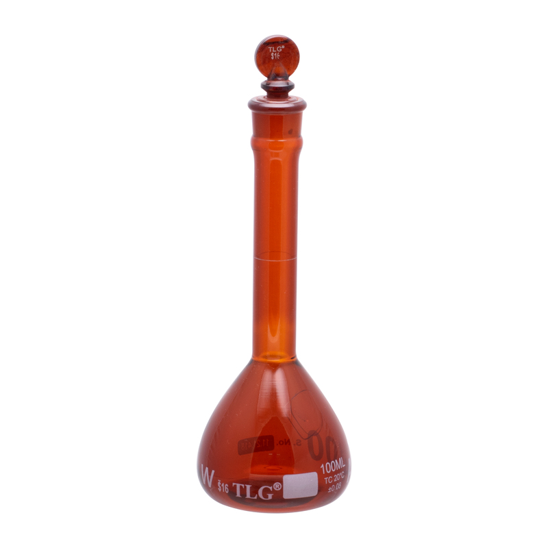 Volumetric Flask, Low Actinic Amber, 100mL, Wide Mouth, Glass Stopper#16, Class A, As Per USP Standards