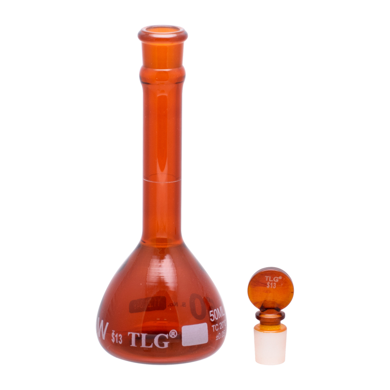 Volumetric Flask, Low Actinic Amber, 50mL, Wide Mouth, Glass Stopper#13, Class A, As Per USP Standards