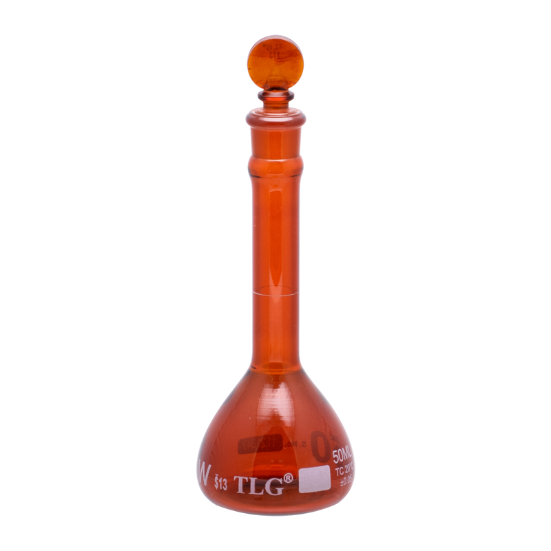 Volumetric Flask, Low Actinic Amber, 50mL, Wide Mouth, Glass Stopper#13, Class A, As Per USP Standards