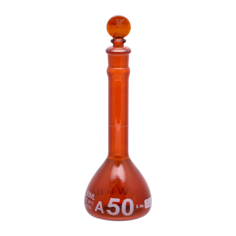 Volumetric Flask, Low Actinic Amber, 50mL, Wide Mouth, Glass Stopper#13, Class A, As Per USP Standards