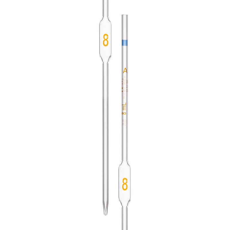 Pipette Volumetric, With Two Marks, To Contain (TC) and To Deliver (TD), Accuracy As Per Class A, Capacity(mL) 8, Individually Serialized