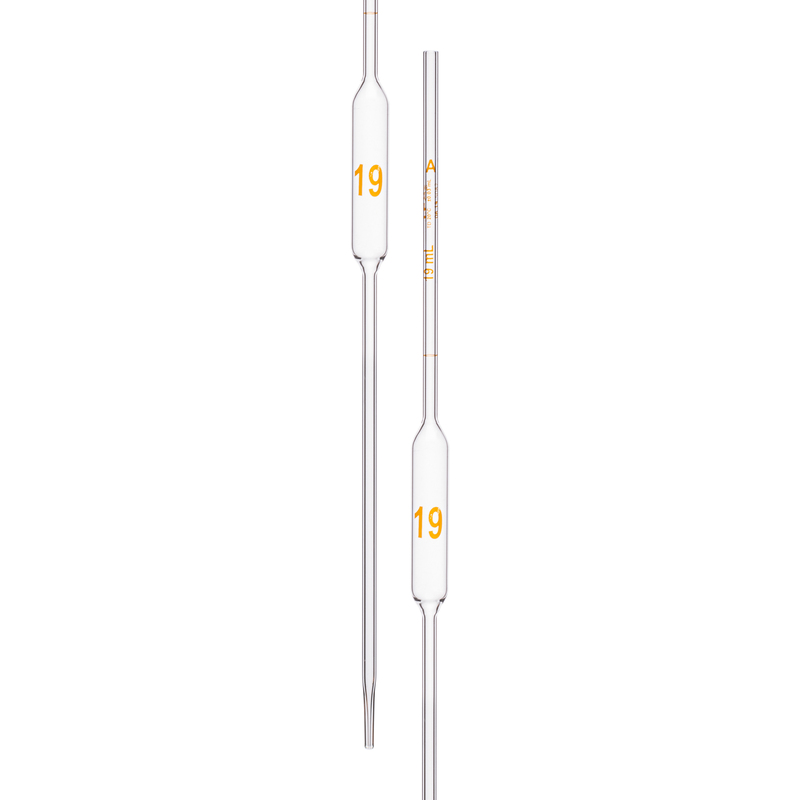 Pipette volumétrique, avec une marque, précision selon la classe A, capacité (mL) 19, numérotée individuellement, tolérance ± 0,03 ml, selon les normes USP