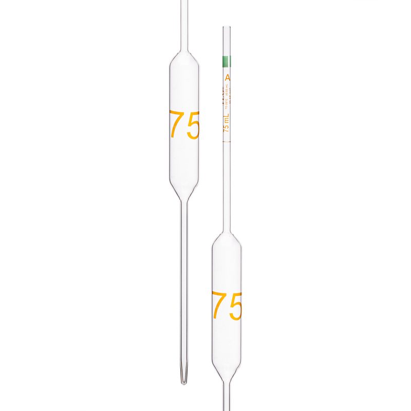 Pipette volumétrique, avec une marque, précision selon la classe A, capacité (mL) 75, non sérialisée, tolérance ± 0,05 ml, selon les normes USP