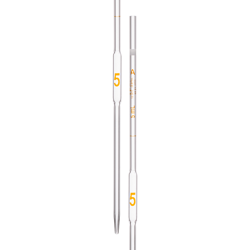 Pipette volumétrique, avec une marque, précision selon la classe A, capacité (mL) 5, non sérialisée, tolérance ± 0,01 ml, selon les normes USP