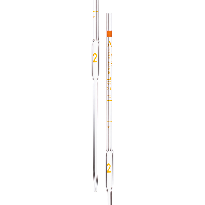 Pipette volumétrique, avec deux marques, pour contenir (TC) et pour délivrer (TD), précision selon la classe A, capacité (mL) 2, non sérialisée