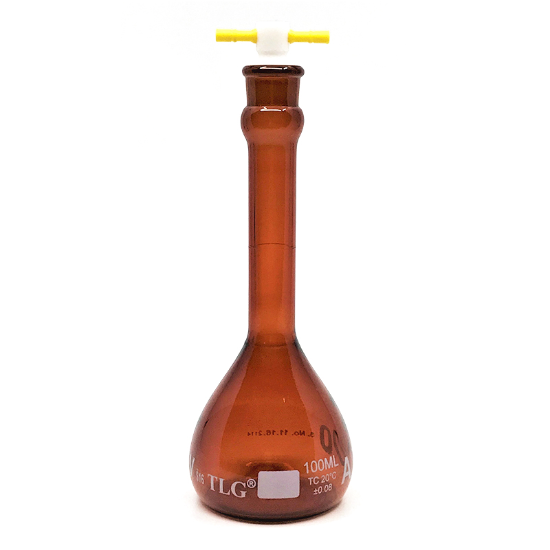 Volumetric Flask, Low Actinic Amber, 100mL, Wide Mouth, PTFE Stopper#16, Class A, As Per USP Standards