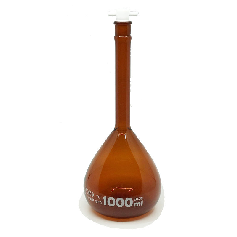 Volumetric Flask, Low Actinic Amber, 1000mL, Wide Mouth, PTFE Stopper#22, Class A, As Per USP Standards