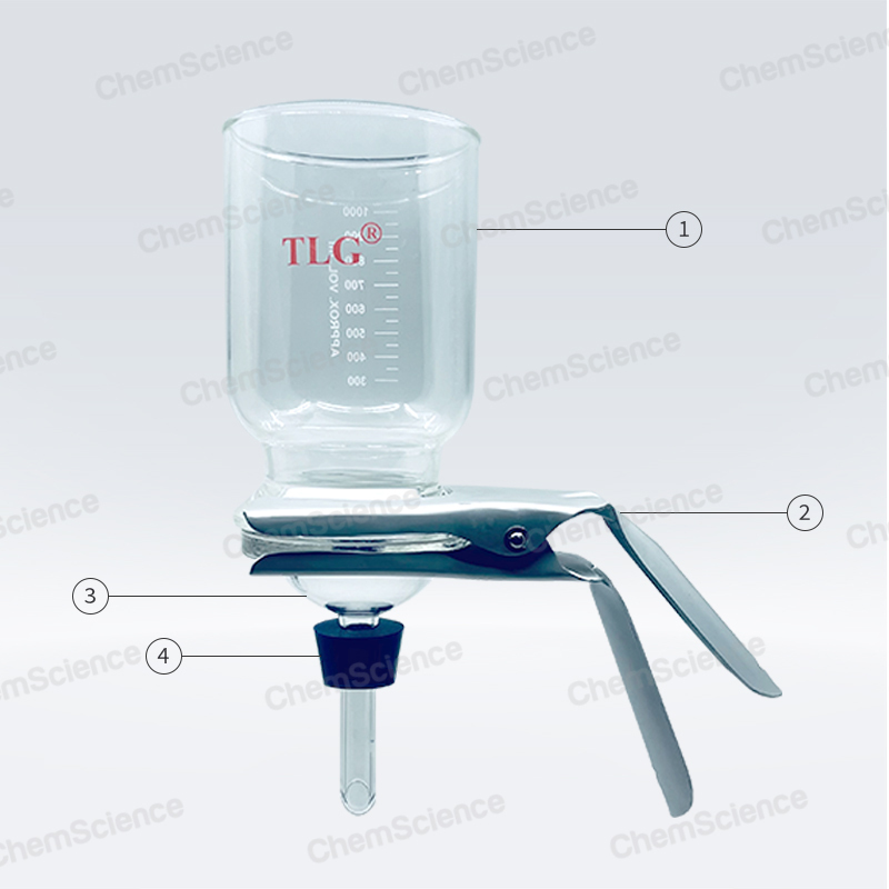 Complete apparatus having Glass Funnel 1000 mL 90mm, Glass Fritted Support Base with No. 8 Silicone Stopper, Aluminum Clamp